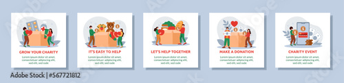 People donate food and clothing. Charity help app. Community give money. Work from heart. Support welfare fund. Humanitarian assistance. Square banners set. Vector mobile tidy concepts