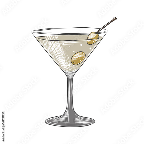 Vector engraved style Martini alcoholic cocktail illustration for posters, decoration, menu and print. Hand drawn sketch of drink or beverage. Detailed drawing isolated on white background.