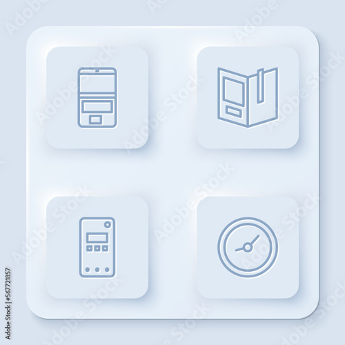 Set line Laptop, Open book, Mobile phone and Clock. White square button. Vector