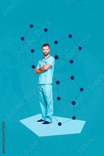 Vertical collage image of confident doctor man crossed arms drawing molecule isolated on painted background