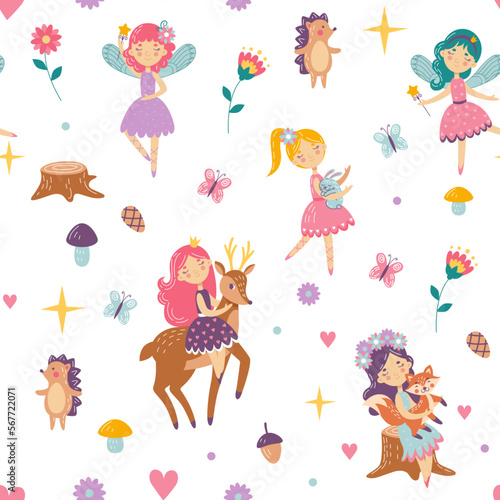 Cute girls, childish fairy pattern. Fantasy baby princess with forest animals, fox and deer wallpaper for nursery, kids and flowers. Decor textile, t-shirt print. Vector seamless tidy background