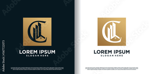 letter logo c with building concept premium vector