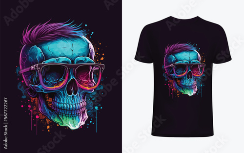 Neon hipster skull with sunglass for t shirt design, gaming logo, poster, banner etc.