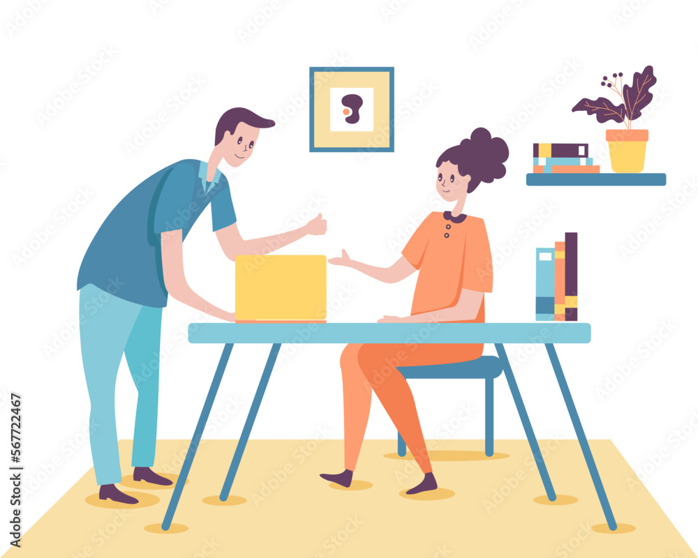 Big isolated cartoon style happy young woman working on laptop on desk, flat vector illustration Big isolated cartoon style happy young woman working on laptop on desk, flat vector illustration