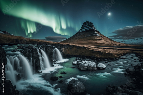 Stunning vista of Kirkjufellsfoss waterfall against the backdrop of the iconic mountain in a aurora boreal night  a iconic landmark of Iceland ai generative