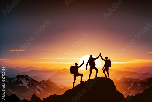 Teamwork and Friendship During a Challenging Hike in mountains, trekking travel passion ai generative