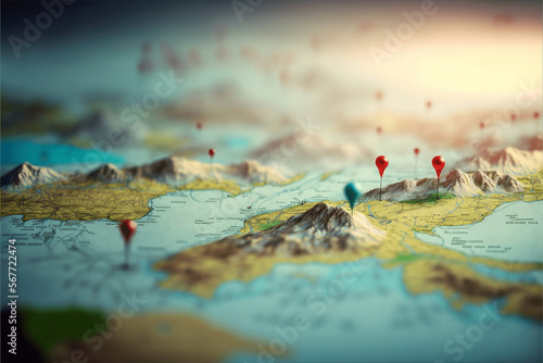 Majestic Landscapes of the World's Highest Mountains with Adventure Pins and High Relief Maps. Ai Generative