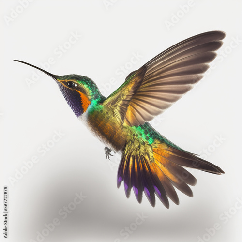 Fliegender Kolibri auf weißem Hintergrund isoliert (durch KI-Tool generiert)