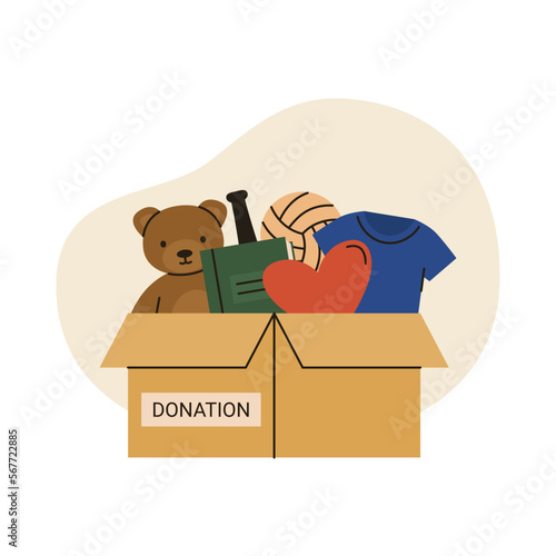 Donation box for kids. Pile of books, toys, clothes for orphans children's charity flat vector illustration isolated on white background.