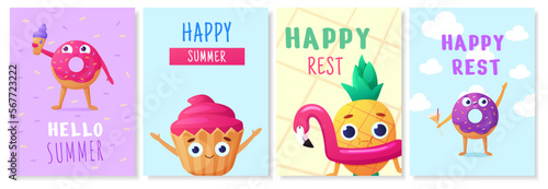 Summer children cupcakes. Happy food characters. Pineapple with inflatable flamingo. Watermelon float party. Candy in sunglasses. Smiling donuts vacation. Vector recent design posters set