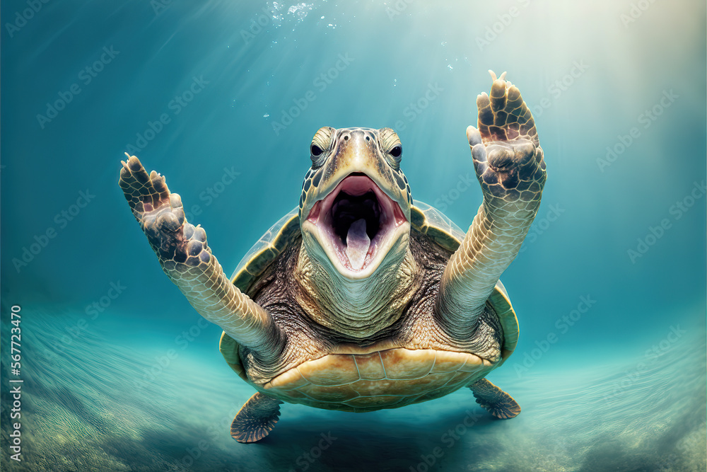 Obraz premium Happy Turtle Jumping Forward - AI Generative