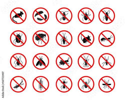 Bug insecticide. Anti insect or rat icons. Red crossed symbols. Fly pest black silhouette. Stop mosquito sign. Tick repellent. Cockroach pesticide. Vector garish forbidden signs set