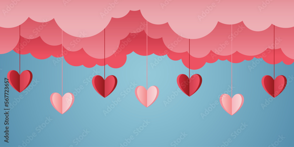 Valentine's day blue background with paper hearts. Banner for your design. Wallpaper, flyer, invitation, poster, discount voucher. Vector EPS 10