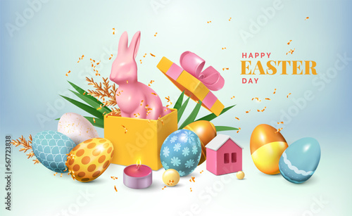 3d easter eggs, gift box with cute bunny. Happy gold and pink surprise, holiday decorative festive banner. Traditional poster. 3D isolated glossy elements. Vector realistic exact background