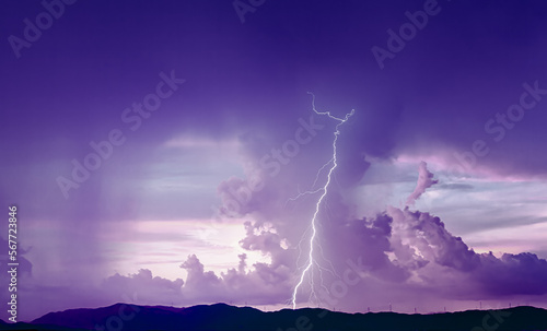Dramatic sky with lightning at sunset