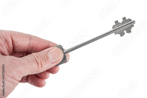 Isolated shot of holding house keys on a white background © Sergey