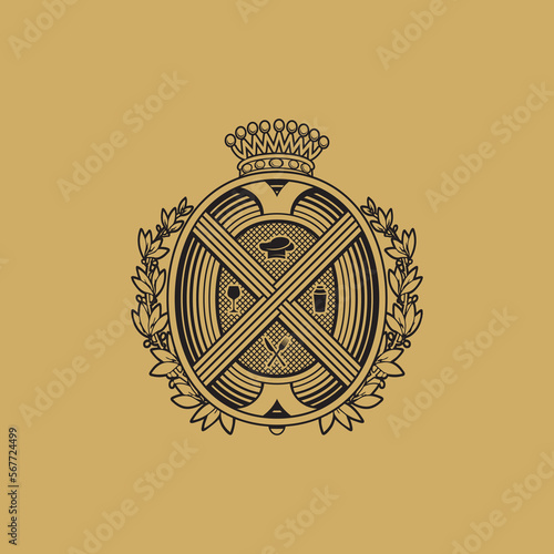 The black color emblem is in the form of a coat of arms for a restaurant with a glass of wine, a chef's cap, a crown, a knife with a fork, and a shaker. Illustration in retro style.