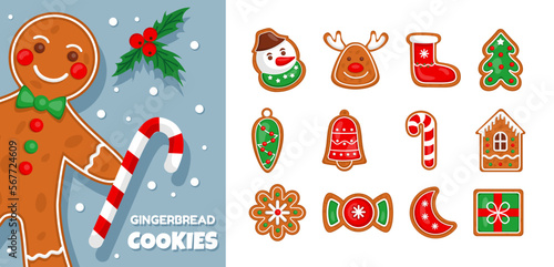 Gingerbread set, ginger man. Sweet tree, sugar house. Santa biscuits, holiday reindeer cookie figures, winter symbols. Xmas glazed baking food. Snacks icons. Vector illustration tidy set