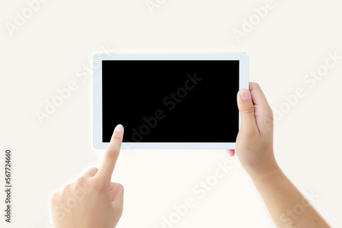 Hand holding blank screen phone or smartphone or tablet for template on white background.