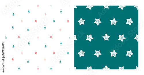 Set of 2 seamless patterns with tiny tree and white stars