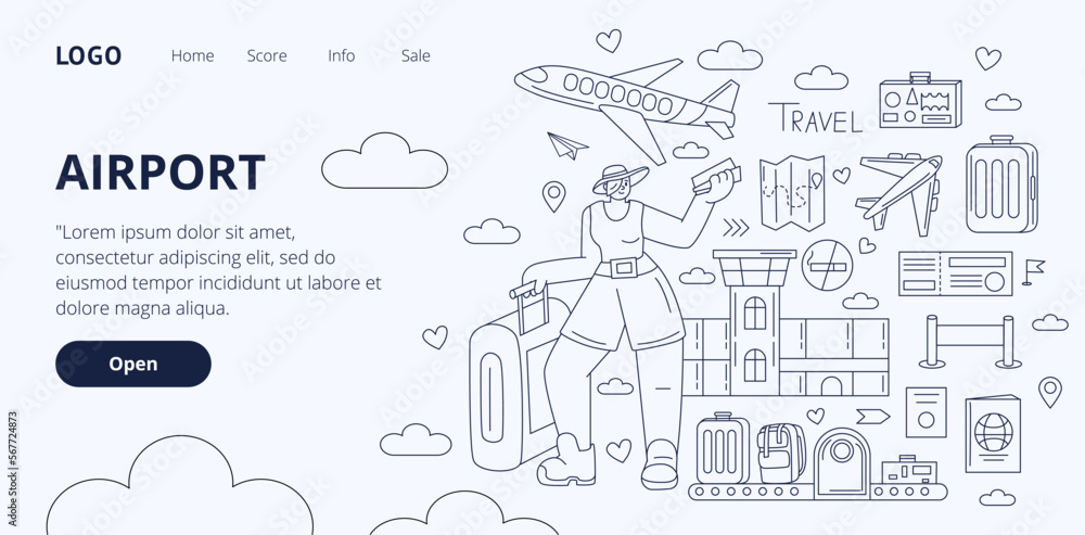 Airport travel doodles. Airline landing page. Plane flight. Woman flying by airplane. Tourists journey. Baggage in lounge terminal. Website design template. Vector line recent concept