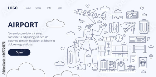 Airport travel doodles. Airline landing page. Plane flight. Woman flying by airplane. Tourists journey. Baggage in lounge terminal. Website design template. Vector line recent concept
