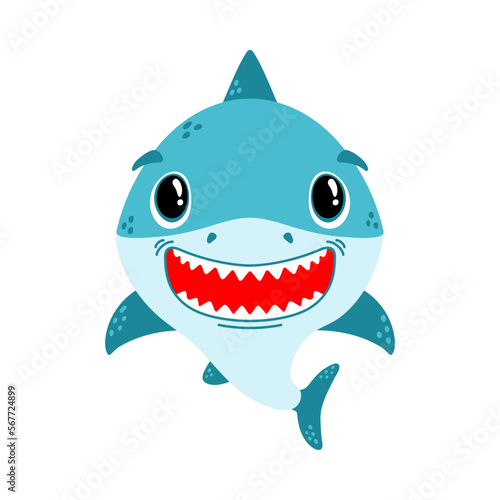 Cute little shark. Vector illustration, isolated on a white background. Scandinavian cartoon style flat design. Concept for children print.
