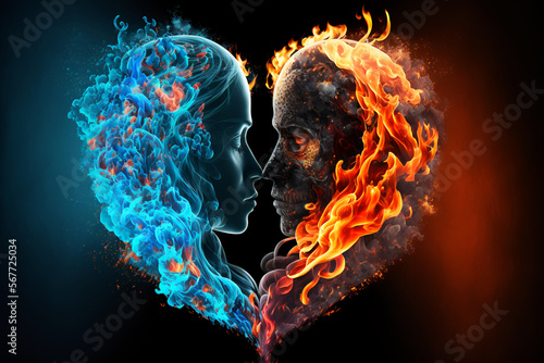 fire in the shape of a human head. Striking image of heart made with fire and ice. Perfect for websites, blogs, and print media. Showcase love, passion, and duality in one beautiful picture. Ideal for