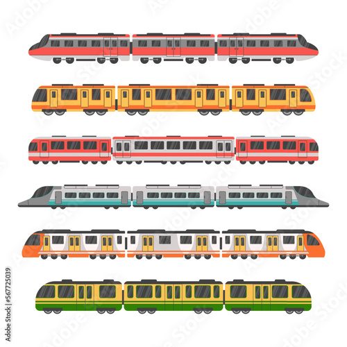 Subway train sides, modern station. Fast rail transport different types side view, locomotives, speed trip in wagons. Colorful isolated elements. Vector flat garish cartoon illustration