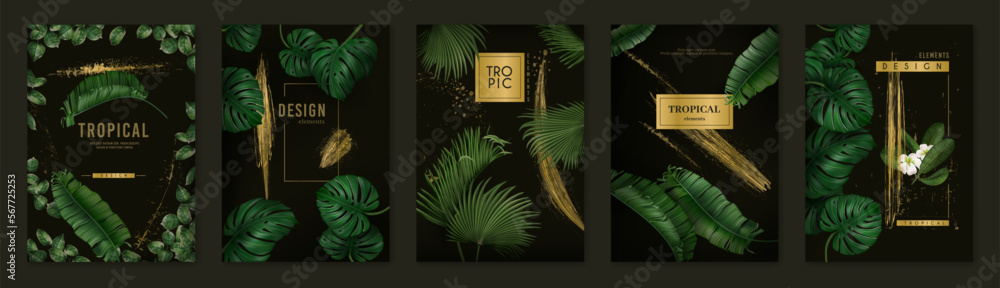 Tropic gold spa posters, green leaf and golden decor. Summer party invitation design, palm foliage, plants, nature and foil splash. Luxury botanical covers. Vector exact design background - obrazy, fototapety, plakaty 