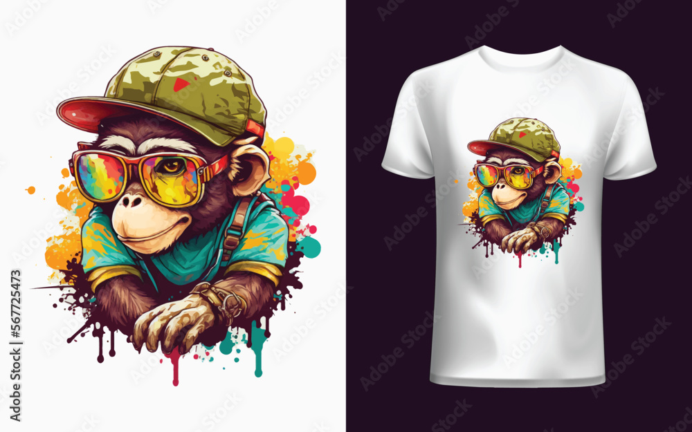 Colorful Monkey wearing a cap and sunglasses. Vector illustration for ...