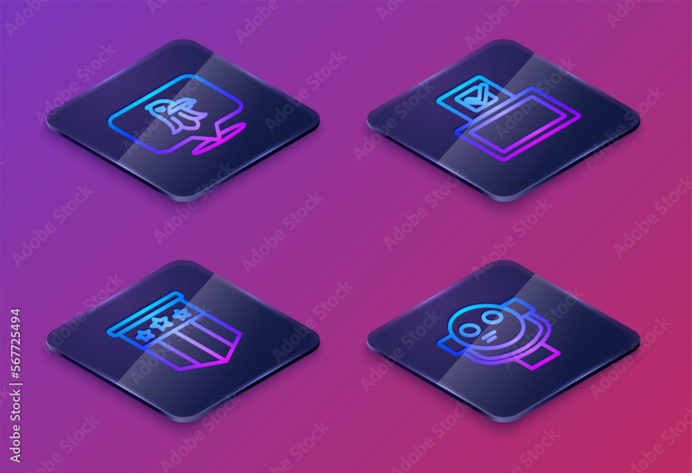 Set Isometric line Eagle, American flag, Vote box and Tourist binoculars. Blue square button. Vector Set Isometric line Eagle, American flag, Vote box and Tourist binoculars. Blue square button. Vector