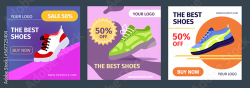 Shoe sell. Social media banner. Footwear advertising post. Layout for store. Sneakers discount. Fashion sportswear sale. Athletic gumshoes. Design template. Vector nowaday flyers set