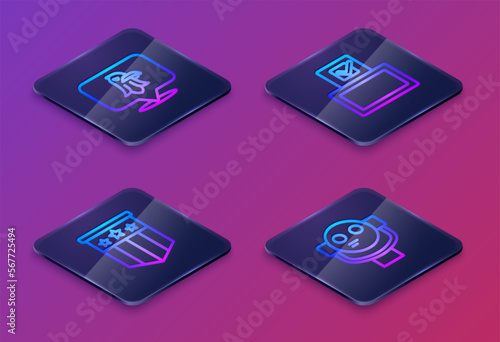 Wallpaper Mural Set Isometric line Eagle, American flag, Vote box and Tourist binoculars. Blue square button. Vector Torontodigital.ca