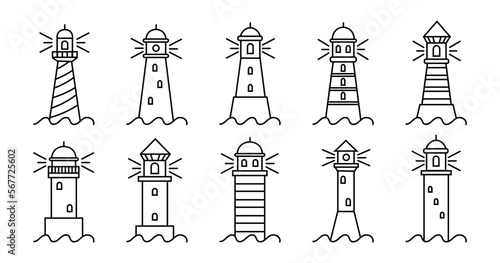 Line light houses, sea tower. Thin outline ocean beach, nautical safety, seaside sailing building with beam, navigation on harbour. Logotype template, marine logo. Vector linear tidy icons set