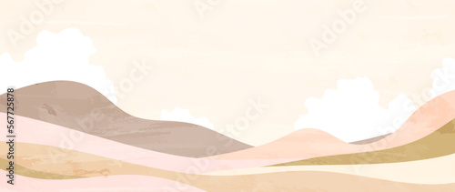 Minimal abstract landscape vector landscape. Mountain background in warm colors with clouds and watercolor texture. Vector design for prints, posters, covers, wall art and home decoration.