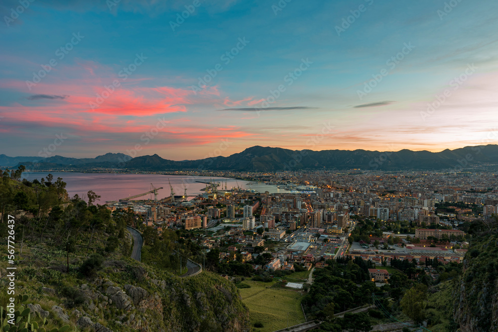 Panoramic view from Pellegrino mount on Palermo city at dusk, Sicily	