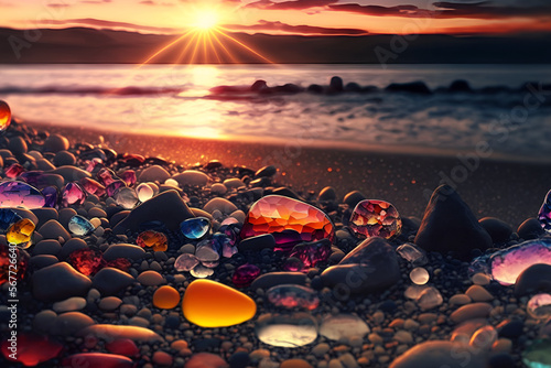 sunset on the beach. multi-color sea glass stones on the beach.