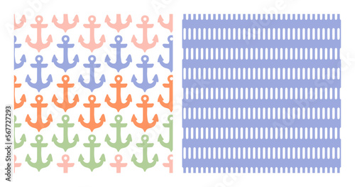 Set of 2 seamless patterns with colorful anchors and small stripes