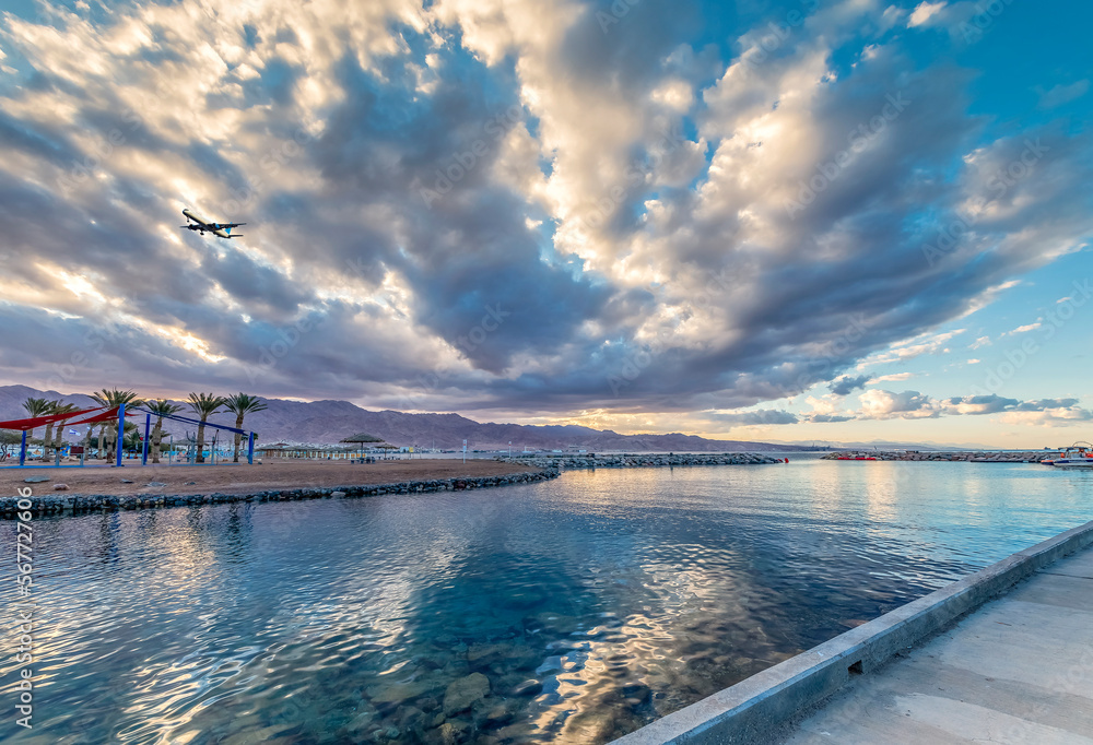 Marina of the Red Sea at dawn in Eilat - famous tourist resort city in Israel