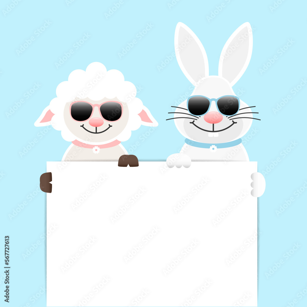 Obraz premium Schaf & Weißer Osterhase Sonnenbrille Halten Kleines Schild Himmel