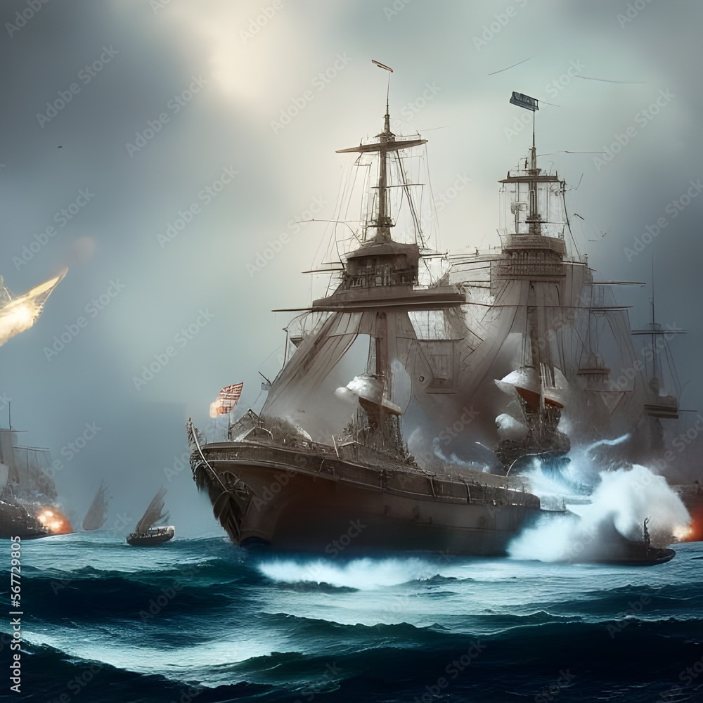 Fototapeta premium Naval battle, created with generative AI tools
