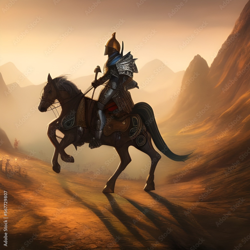 Naklejka premium Mounted knight in shiny armor, created with generative AI tools
