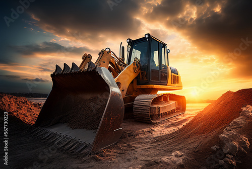 Foto Dozer on earthmoving at construction site on sunset