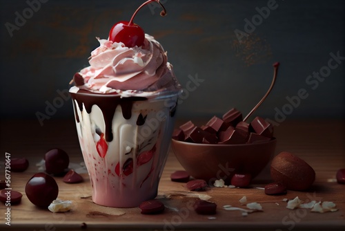 A frozen cup of chocolate with cream and cherry almond latte cup. Generative AI