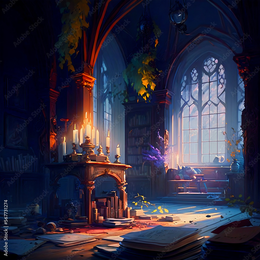 Castle Library: A Window to the World Amidst the Books. Generative AI
