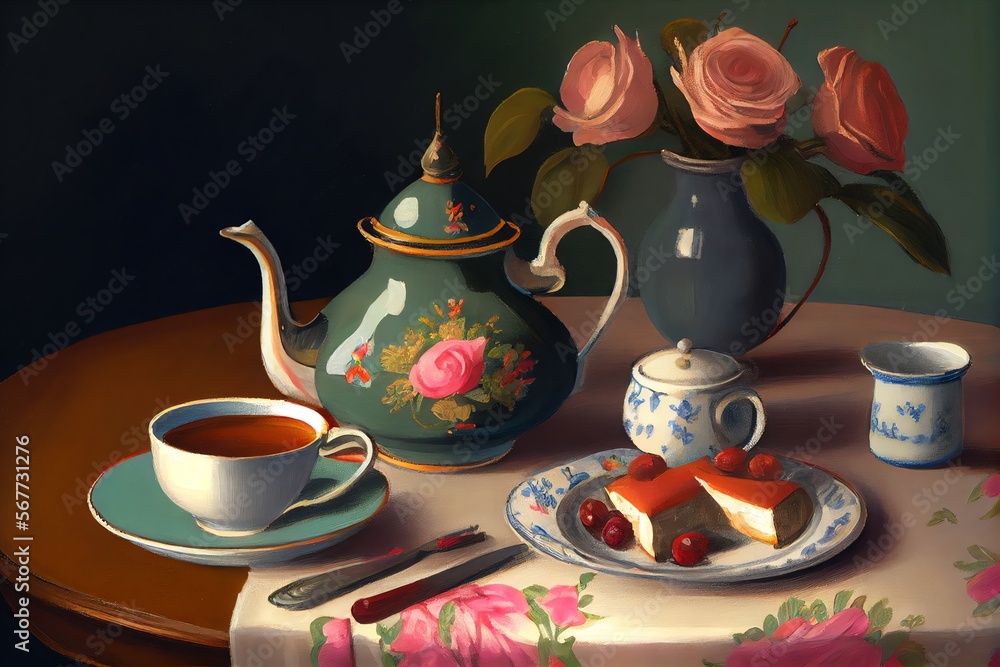 Fototapeta premium A painting of a table with tea pot, cake, flowers, and a plate with teapot and tea. Generative AI