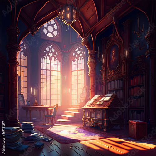 Castle Library: A Window to the World Amidst the Books. Generative AI
 photo