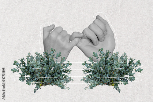 Collage photo picture poster of two human people hands hold touch demonstrate peace agreement gesture isolated on drawing background