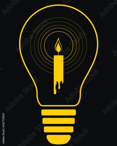 Vector graphic - a lamp with a candle inside, a symbol of lack of electricity, power system problems.
 Design element for news feed, web design, booklet.